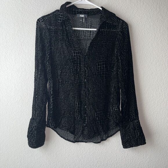 PAIGE Toscani Blouse Silk Blend Black Crocodile Burnout Velvet Top Womens XS - Picture 2 of 11